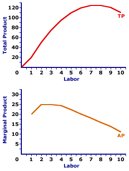 Marginal product mp) curve total product tp) marginal 